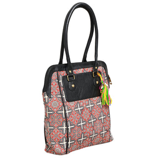 REYMEY Mid-Sized Faux Leather Messenger Bag | Geometric Paisley Fabric Exterior | Stylish & Durable | Faux Leather Handles | Brown