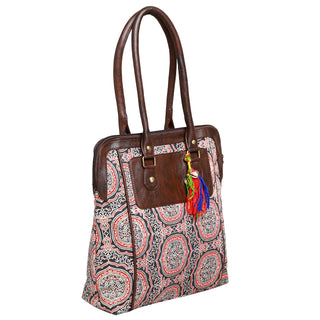 REYMEY Mid-Sized Faux Leather Messenger Bag | Paisley Fabric Exterior | Stylish & Durable | Faux Leather Handles | Brown