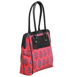 REYMEY Mid-Sized Faux Leather Messenger Bag | Paisley Fabric Exterior | Stylish & Durable | Faux Leather Handles | Sober Pink