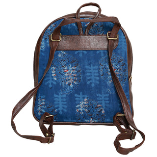 REYMEY Mid-Sized Faux Leather Backpack | Paisley Fabric Exterior | Stylish & Durable | Faux Leather Handles | Dark Blue