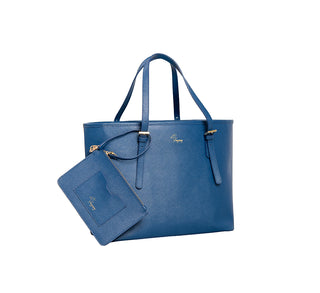 Reymey Calf-Skin Saffiano Leather Tote Bag - Blue with FREE handmade cotton scarf