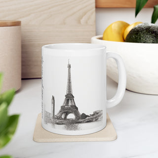 Hand Sketched Image of the Eiffel Towe in Paris -  Ceramic Mug 11oz Dishwasher and Microwave safe White