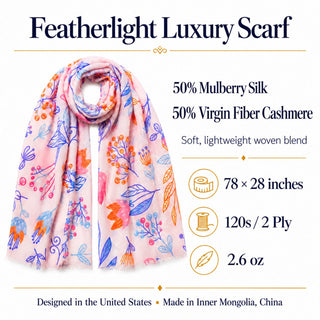 Silk Cashmere Scarf – Floral Print Long Shawl Wrap for Women - Reymey