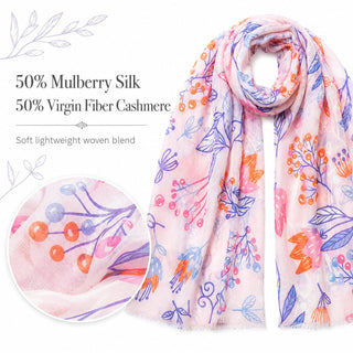 Silk Cashmere Scarf – Floral Print Long Shawl Wrap for Women - Reymey