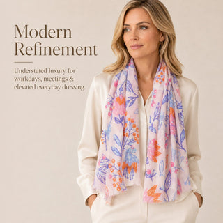Silk Cashmere Scarf – Floral Print Long Shawl Wrap for Women - Reymey