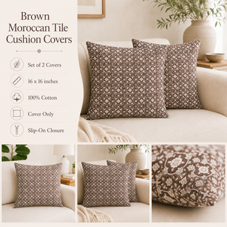 Set of two brown Moroccan tile pattern cushion covers shown on a beige sofa in a styled living room setting, with product feature callouts on the left and close-up detail panels on the bottom right.