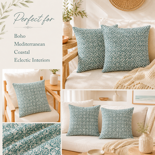 A collage showing two square throw pillows with a blue and white floral pattern in various cozy interior settings. Text on the left reads 'Perfect for Boho Mediterranean Coastal Eclectic Interiors.