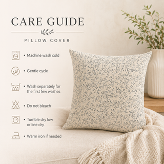 A care guide graphic for a pillow cover, showing a square cream pillow with a delicate gray botanical pattern resting on a beige sofa with a knitted throw and a vase of greenery in the background. The left side features text reading 'CARE GUIDE PILLOW COVER' with care instructions listed below.