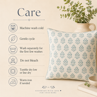 Care instructions graphic for a decorative throw pillow. The left side lists washing and drying instructions under the heading 'Care' in a clean, typographic layout.