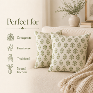 Hand Block Print Cushion Cover Set of 2 – Olive Green Damask, 16x16
