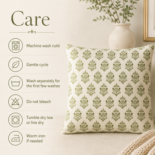 Hand Block Print Cushion Cover Set of 2 – Olive Green Damask, 16x16