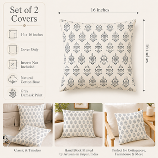 A set of two 16 x 16 inch throw pillow covers with a grey damask print on a natural cotton base, shown with dimension lines, product details, and lifestyle images of the pillows on sofas.
