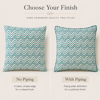 A comparison graphic showing two teal and white patterned throw pillows side by side under the heading 'Choose Your Finish.' The left pillow is labeled 'No Piping' and the right pillow is labeled 'With Piping,' with text noting the same handmade quality and two styles.