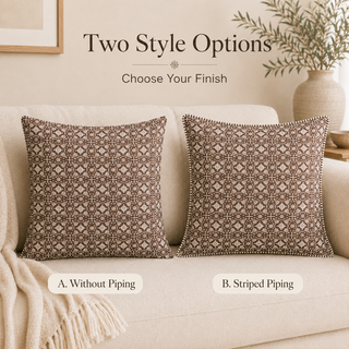 Two square throw pillows with a brown and beige geometric lattice pattern are displayed on a cream sofa. Text overlays read 'Two Style Options' and 'Choose Your Finish,' with labels 'A.