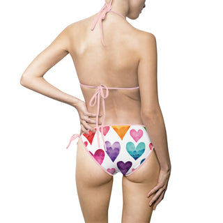 Colorful Watercolor Styled Heart Two Piece Bathing Suit - High Butt Coverage