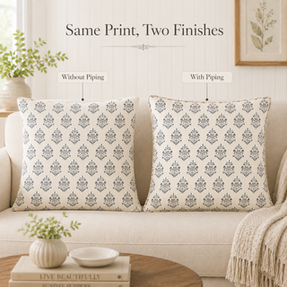 Two decorative throw pillows with a matching beige and gray damask pattern are displayed on a light beige sofa in a styled living room setting. Text overlays indicate 'Same Print, Two Finishes' with labels 'Without Piping' and 'With Piping' pointing to the pillows.