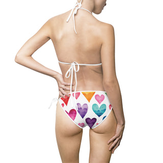 Colorful Watercolor Styled Heart Two Piece Bathing Suit - High Butt Coverage