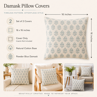 A product infographic for Damask Pillow Covers showing a set of two 16x16 inch covers. The top half features a large pillow with a cream background and a repeating powder blue damask pattern, accompanied by text listing features like 'Natural Cotton Base' and 'Powder Blue Damask'.