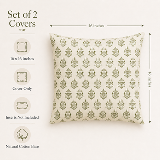 Hand Block Print Cushion Cover Set of 2 – Olive Green Damask, 16x16