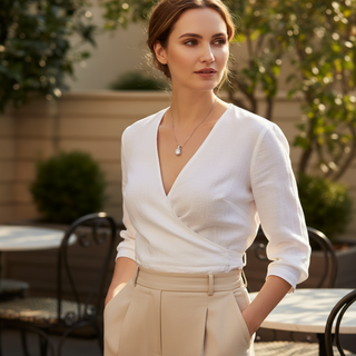 Woman wearing a white top and beige pants outdoors