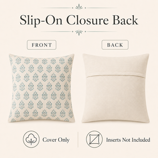 A product graphic showing the front and back of a slip-on closure throw pillow cover. The front side features a repeating blue-gray damask pattern on a cream background, while the back is a solid cream fabric.