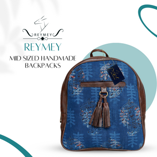 REYMEY Mid-Sized Faux Leather Backpack | Paisley Fabric Exterior | Stylish & Durable | Faux Leather Handles | Dark Blue