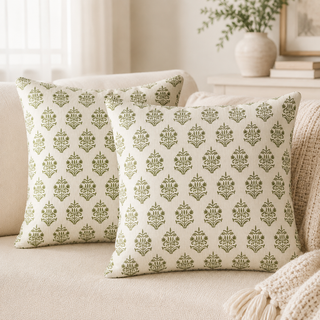 Hand Block Print Cushion Cover Set of 2 – Olive Green Damask, 16x16