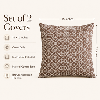 A 16 x 16 inch decorative throw pillow cover set shown on a light beige background with informational text. The cover features a brown and beige Moroccan tile pattern.