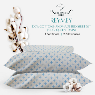 REYMEY 100% Cotton Handmade Bed Sheet Set (King, Queen, Twin) | Geometric & Abstract Design | AZO-Free Dyes | Made in India | Includes 2 Pillowcases | Blue Geometric