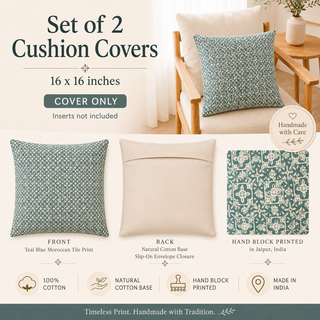 Set of 2 cushion covers promotional graphic showing a teal and white patterned front and back view on a natural cotton base, with text detailing the 16x16 inch size, block print, cotton material, and Made in India origin.
