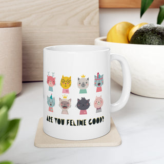 Feline Good 11 oz Ceramic Mug with Cute Cartoon Cat Headshots Dishwasher and Microwave safe - White