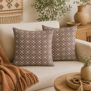 Two square throw pillows with a brown and beige geometric pattern resting on a cream-colored sofa in a cozy living room setting.