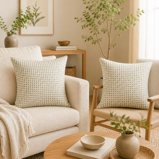 Two square throw pillows with a small green geometric grid pattern on a cream background, styled on a beige sofa and a wooden chair in a warm, neutral-toned living room.