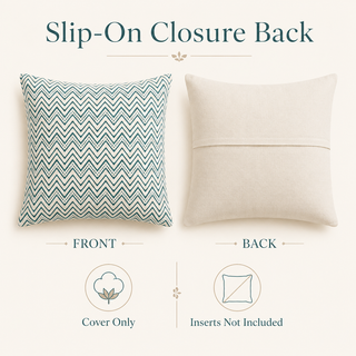 A product diagram showing the front and back of a slip-on throw pillow cover. The left side shows the front with a teal and cream chevron pattern, labeled 'FRONT' and 'Cover Only'.