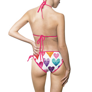 Colorful Watercolor Styled Heart Two Piece Bathing Suit - High Butt Coverage