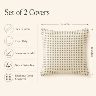 Set of 2 pillow cover set shown with dimension annotations indicating 16 x 16 inches, on a warm beige background with feature callouts.