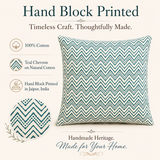 A square throw pillow with a teal and cream chevron block-print pattern, displayed on a light beige background with product information text and a fabric detail circle.