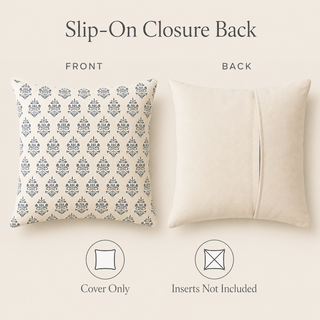 A product comparison graphic showing the front and back of a slip-on decorative pillow cover. The left side labeled FRONT shows a cream pillow with a repeating navy ornamental pattern, and the right side labeled BACK shows the plain cream reverse side.