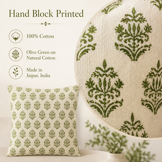 Hand Block Print Cushion Cover Set of 2 – Olive Green Damask, 16x16