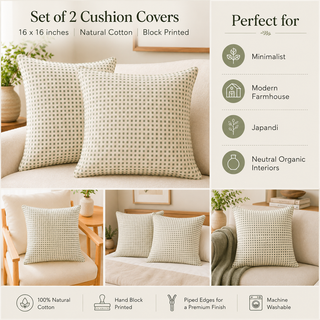 Set of 2 cushion covers in a natural cotton fabric with a small geometric block print, shown styled on beige sofas in a warm, modern interior. The image includes text overlays describing the product features and compatibility.