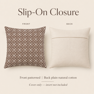 A square throw pillow shown from both front and back on a light beige background. The front has a brown and cream geometric pattern, while the back is plain natural cotton.