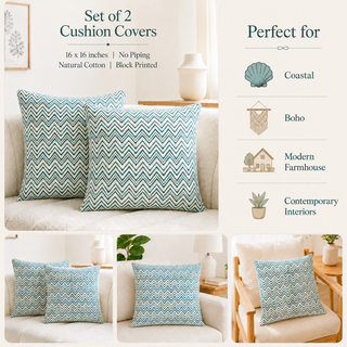 Set of 2 throw pillow covers with a blue and white chevron pattern, shown in a multi-panel collage with text describing features and suitable home styles.