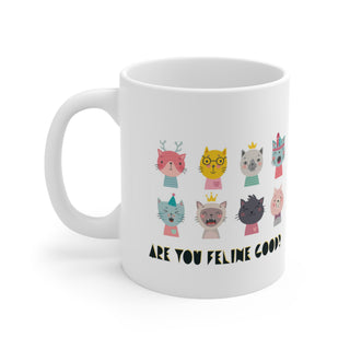 Feline Good 11 oz Ceramic Mug with Cute Cartoon Cat Headshots Dishwasher and Microwave safe - White