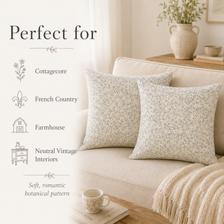 Two square throw pillows with a delicate beige and cream botanical pattern displayed on a light beige sofa in a cozy, cottagecore-style living room setting. Text on the left lists design styles like Cottagecore, French Country, and Farmhouse.