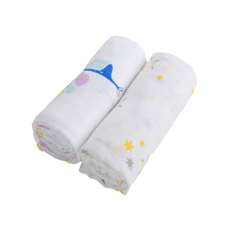 70% Bamboo 30% Cotton Muslin Baby Swaddle Receiving Blanket - Whale & Golden Stars - Large 2 Pack