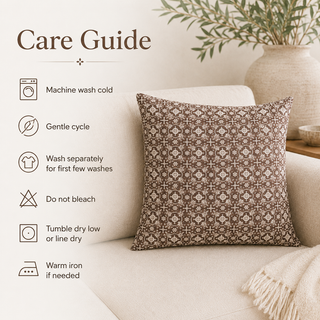 A decorative throw pillow with a brown and beige geometric pattern sits on a cream sofa next to a blanket, with a care guide text overlay on the left.