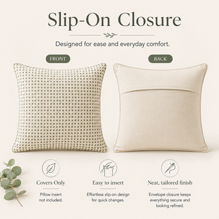 A promotional graphic for a slip-on closure pillow cover, showing two square pillows on a light beige background. The left pillow is labeled FRONT and has a small repeating geometric pattern in dark green and cream.