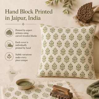 Hand Block Print Cushion Cover Set of 2 – Olive Green Damask, 16x16