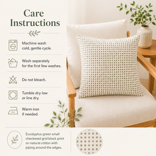 Care instructions graphic for a square throw pillow with a eucalyptus green small checkered grid pattern on a cream cotton cover, shown resting on a light wood armchair.