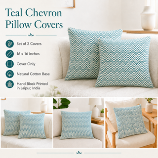 Teal and white chevron-patterned pillow covers shown on a sofa in a styled home setting, with text listing product details such as set of 2 covers, 16 x 16 inches, natural cotton base, and hand block printed in Jaipur, India.